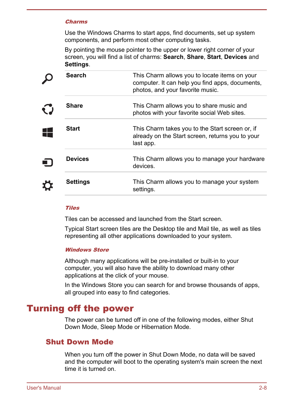 Turning off the power, Shut down mode, Turning off the power -8 | Toshiba PX30t-C User Manual | Page 26 / 142