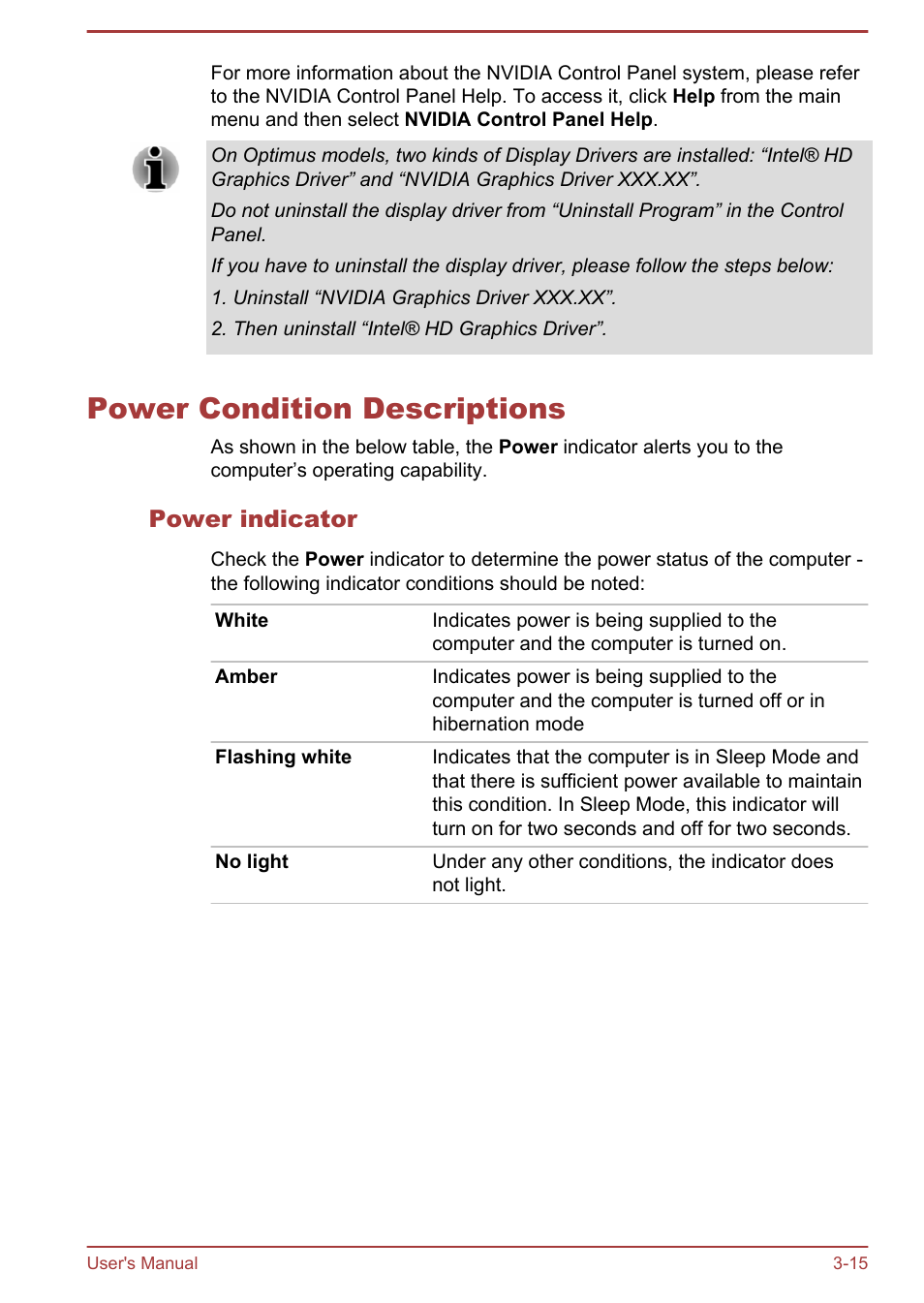 Power condition descriptions, Power indicator, Power condition descriptions -15 | Toshiba PX30t-C User Manual | Page 45 / 142