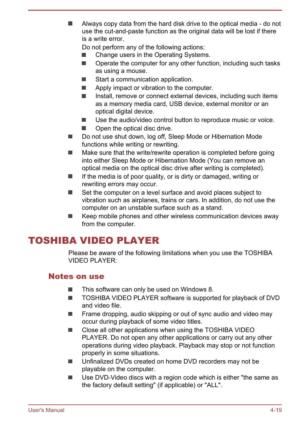 Toshiba video player, Notes on use, Toshiba video player -19 | Toshiba PX30t-C User Manual | Page 64 / 142