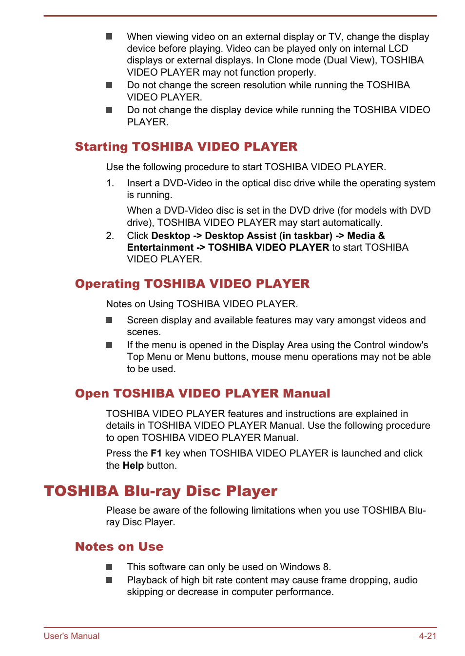 Starting toshiba video player, Operating toshiba video player, Open toshiba video player manual | Toshiba blu-ray disc player, Notes on use, Toshiba blu-ray disc player -21 | Toshiba PX30t-C User Manual | Page 66 / 142