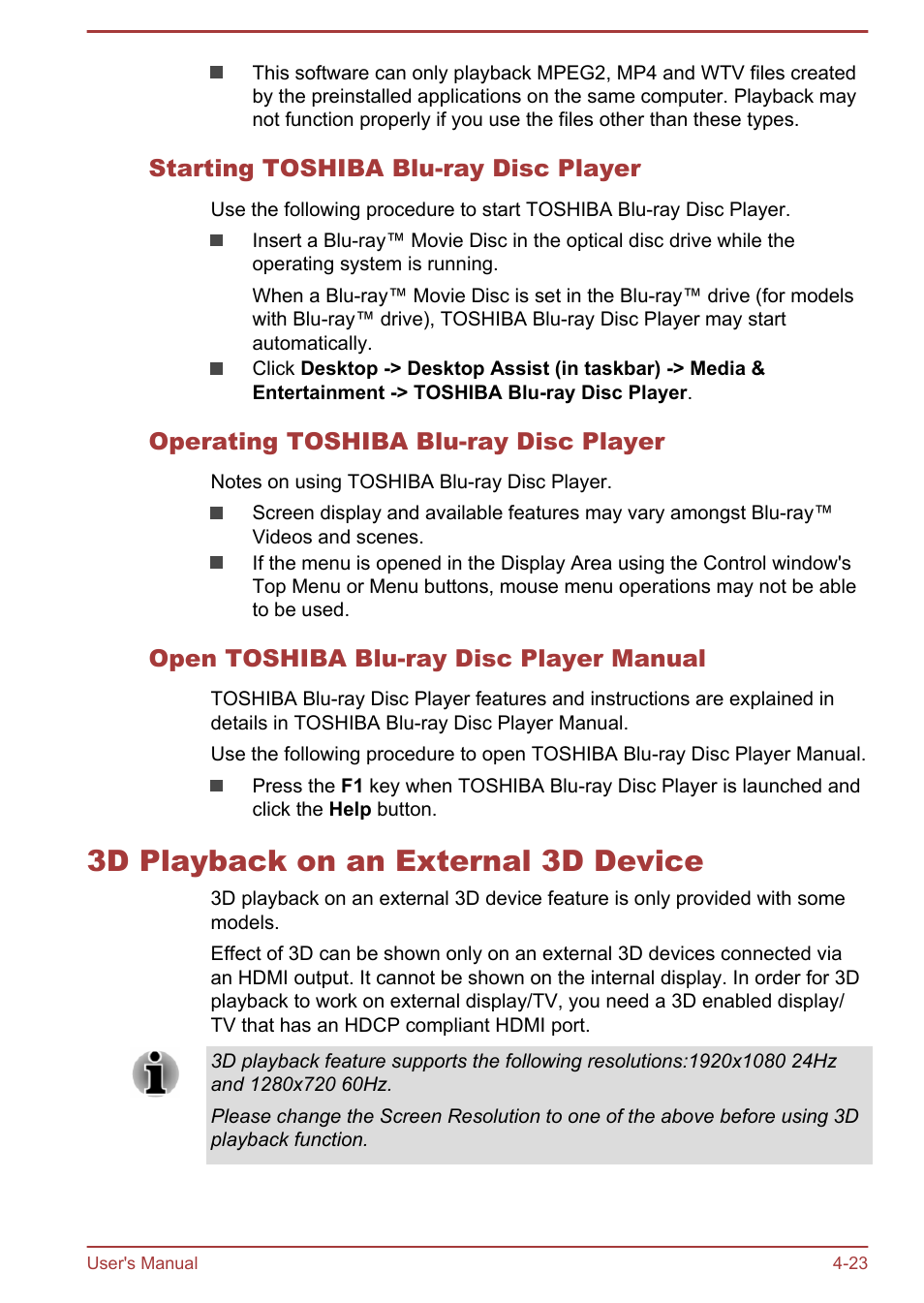 Starting toshiba blu-ray disc player, Operating toshiba blu-ray disc player, Open toshiba blu-ray disc player manual | 3d playback on an external 3d device, 3d playback on an external 3d device -23 | Toshiba PX30t-C User Manual | Page 68 / 142