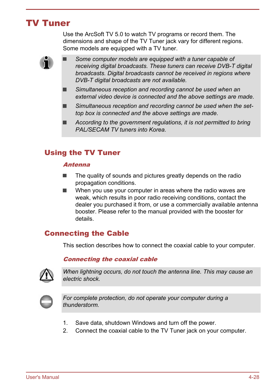 Tv tuner, Using the tv tuner, Connecting the cable | Tv tuner -28 | Toshiba PX30t-C User Manual | Page 73 / 142