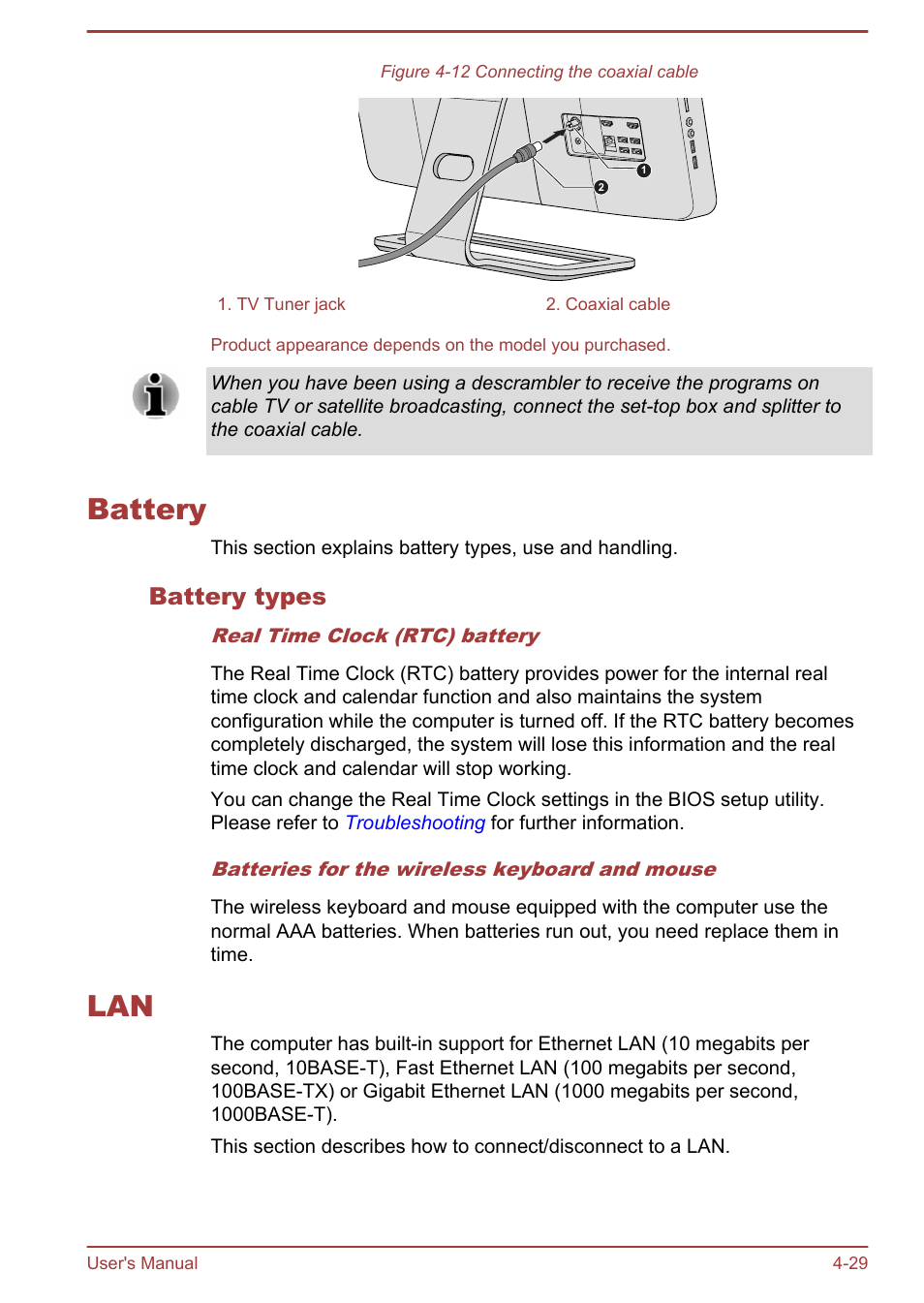 Battery, Battery types, Battery -29 lan -29 | Toshiba PX30t-C User Manual | Page 74 / 142