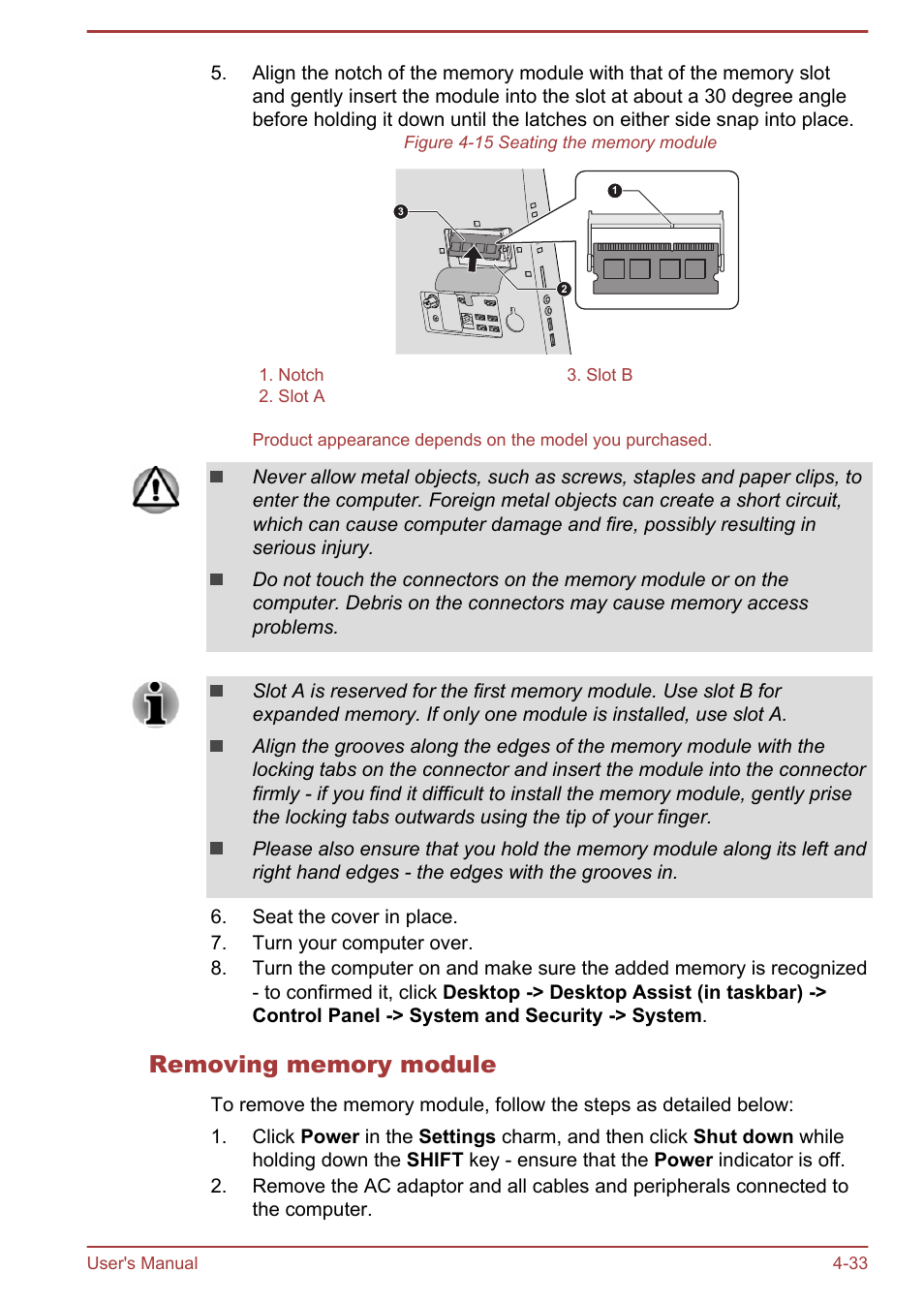 Removing memory module | Toshiba PX30t-C User Manual | Page 78 / 142