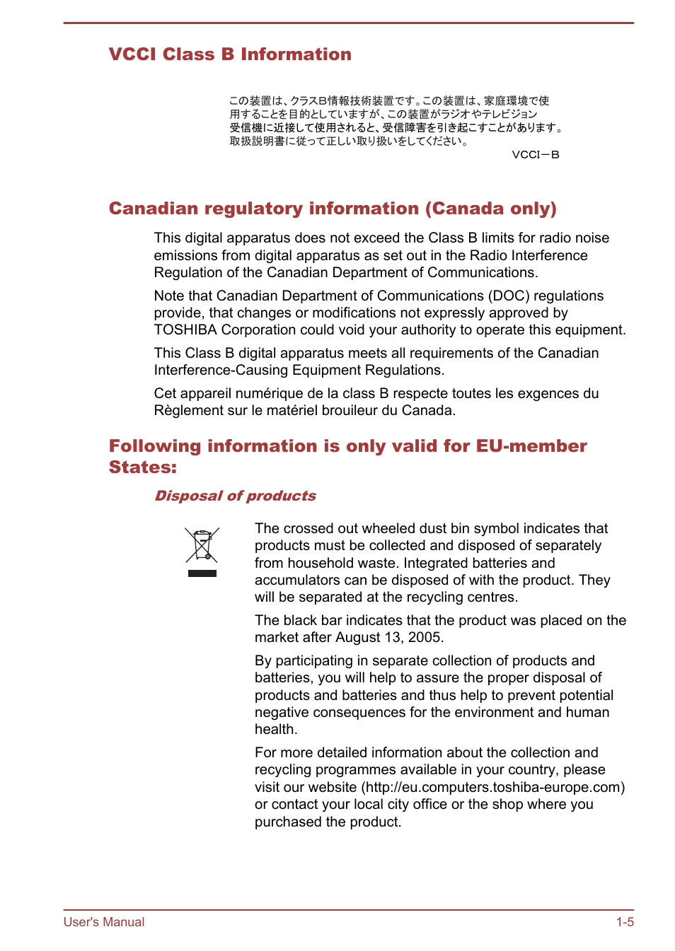 Vcci class b information, Canadian regulatory information (canada only) | Toshiba PX30t-C User Manual | Page 8 / 142