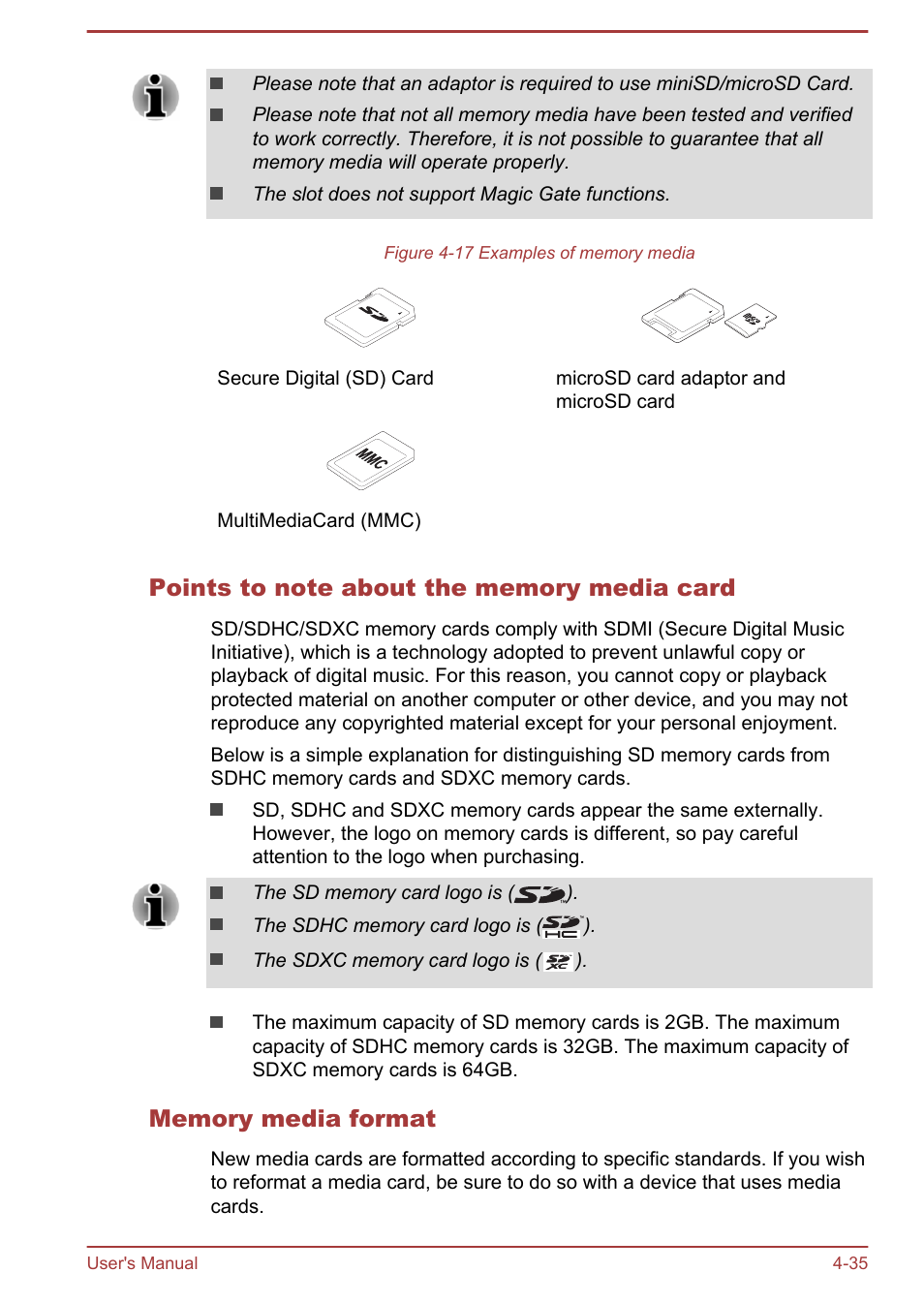 Points to note about the memory media card, Memory media format | Toshiba PX30t-C User Manual | Page 80 / 142