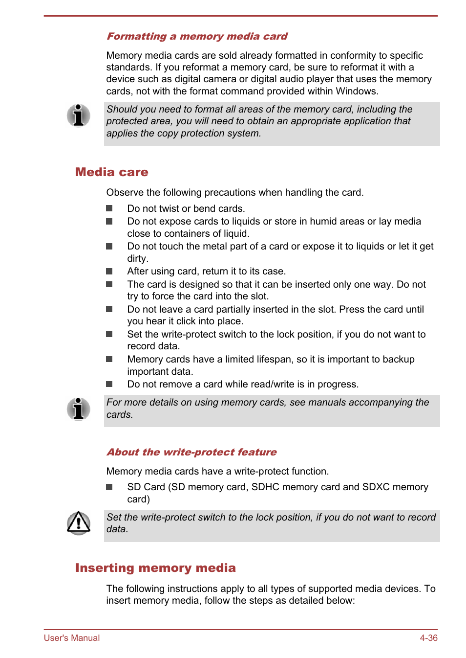 Media care, Inserting memory media | Toshiba PX30t-C User Manual | Page 81 / 142