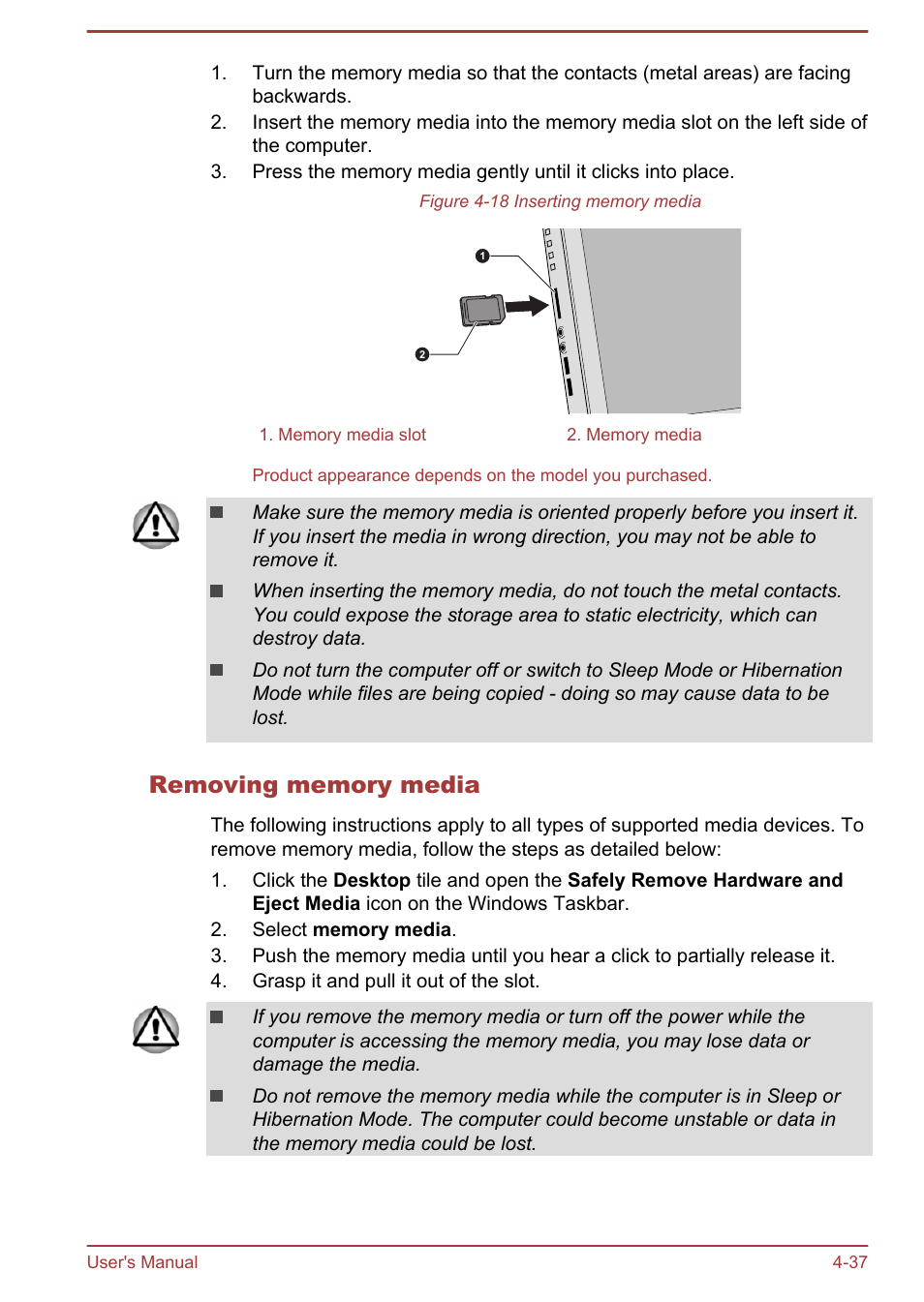 Removing memory media | Toshiba PX30t-C User Manual | Page 82 / 142