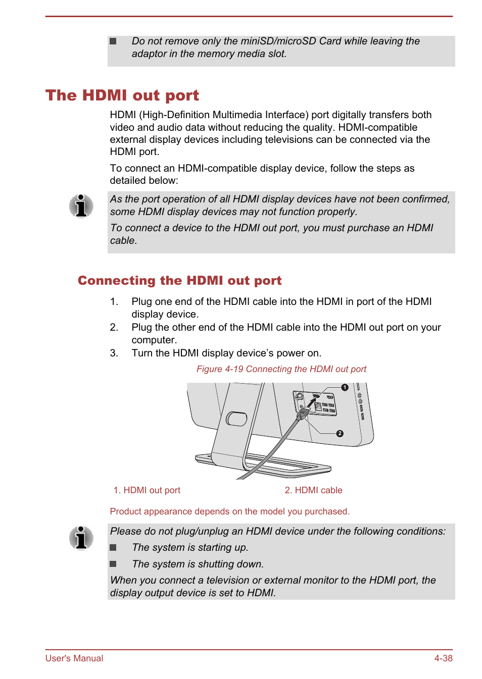 The hdmi out port, Connecting the hdmi out port, The hdmi out port -38 | Toshiba PX30t-C User Manual | Page 83 / 142