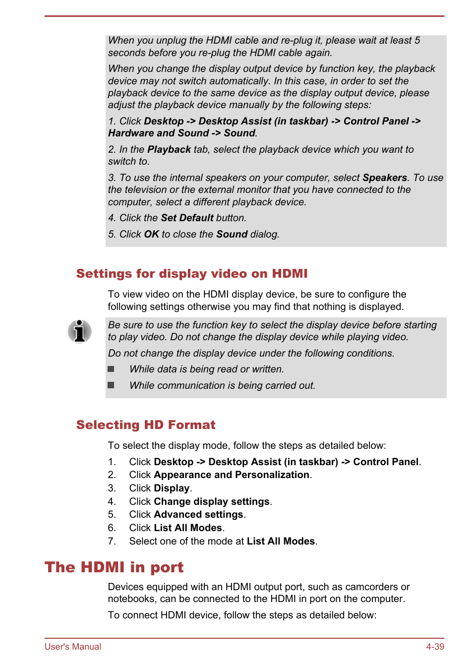 Settings for display video on hdmi, Selecting hd format, The hdmi in port | The hdmi in port -39 | Toshiba PX30t-C User Manual | Page 84 / 142