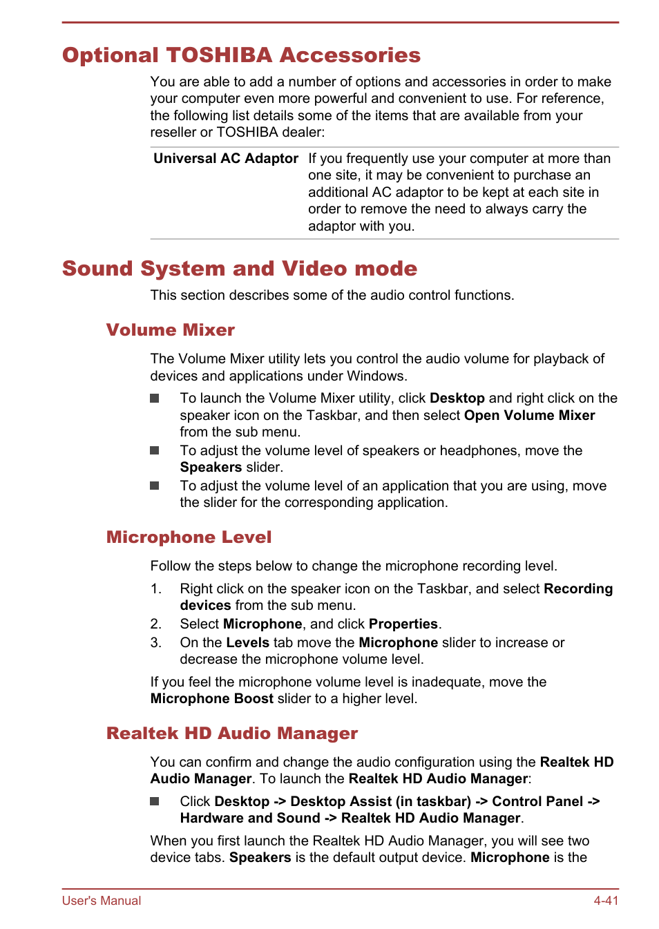 Optional toshiba accessories, Sound system and video mode, Volume mixer | Microphone level, Realtek hd audio manager | Toshiba PX30t-C User Manual | Page 86 / 142