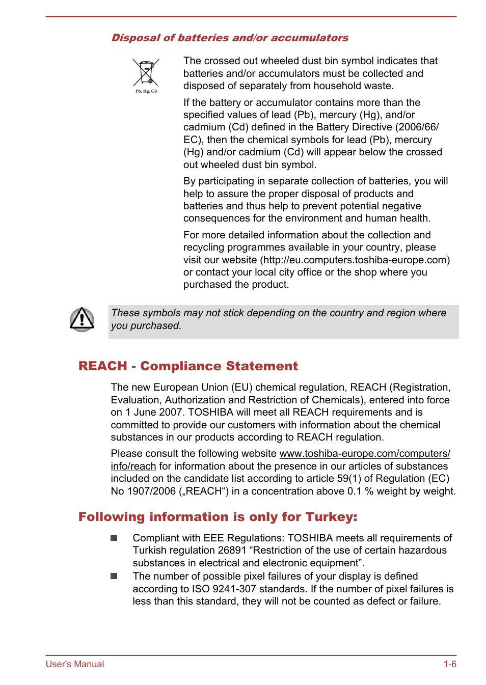 Reach - compliance statement, Following information is only for turkey | Toshiba PX30t-C User Manual | Page 9 / 142