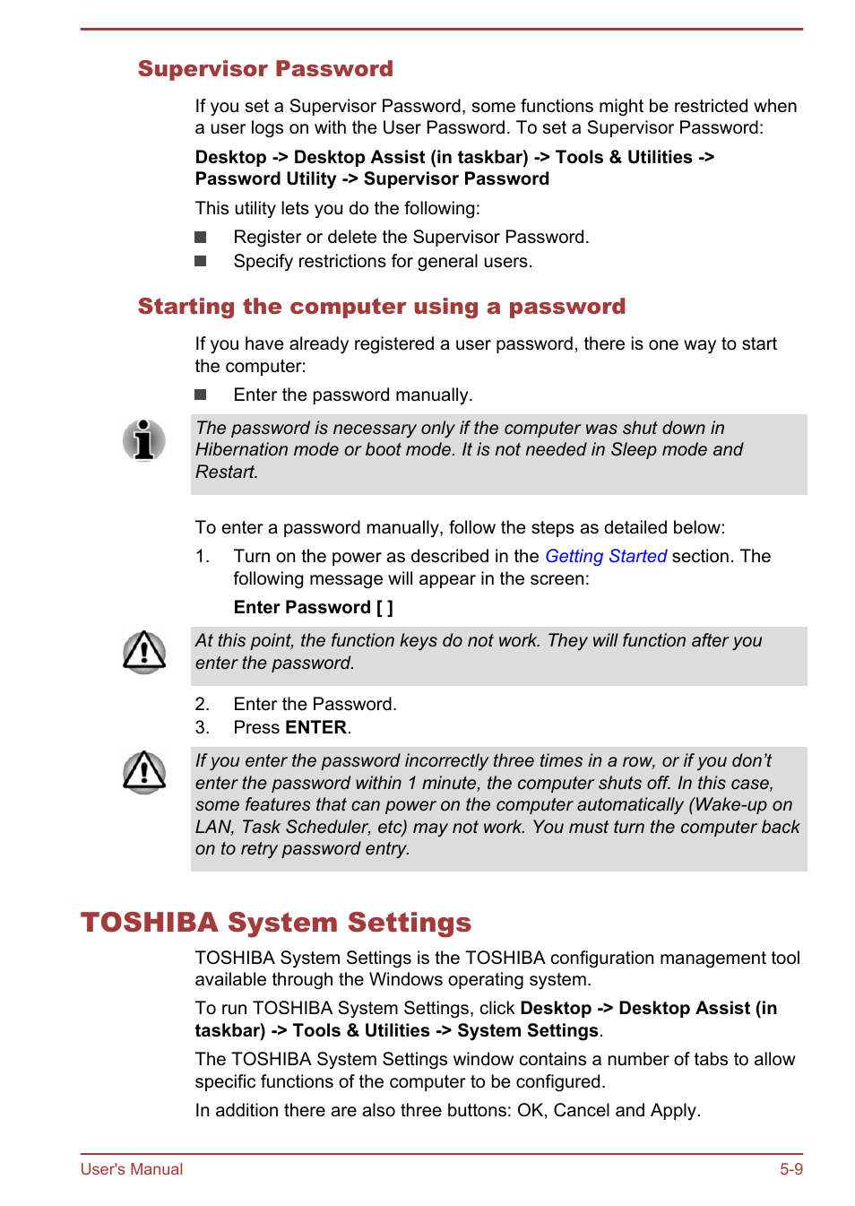 Supervisor password, Starting the computer using a password, Toshiba system settings | Toshiba system settings -9 | Toshiba PX30t-C User Manual | Page 97 / 142