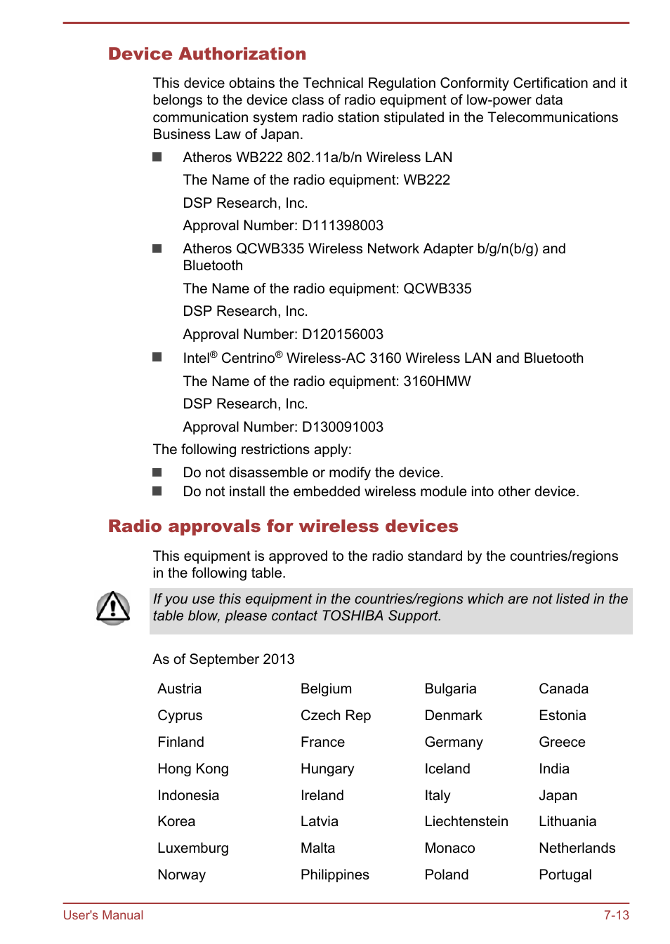 Device authorization, Radio approvals for wireless devices | Toshiba Satellite NB10-A User Manual | Page 114 / 120