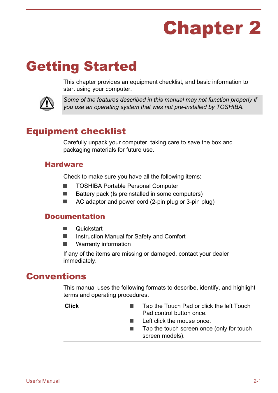 Chapter 2 getting started, Equipment checklist, Hardware | Documentation, Conventions, Chapter 2, Getting started, Equipment checklist -1 conventions -1 | Toshiba Satellite NB10-A User Manual | Page 21 / 120