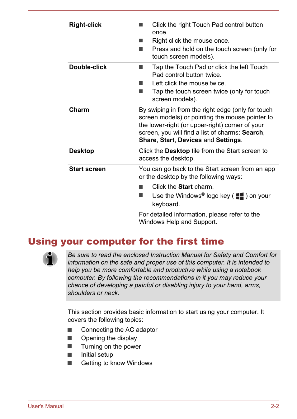 Using your computer for the first time, Using your computer for the first time -2 | Toshiba Satellite NB10-A User Manual | Page 22 / 120