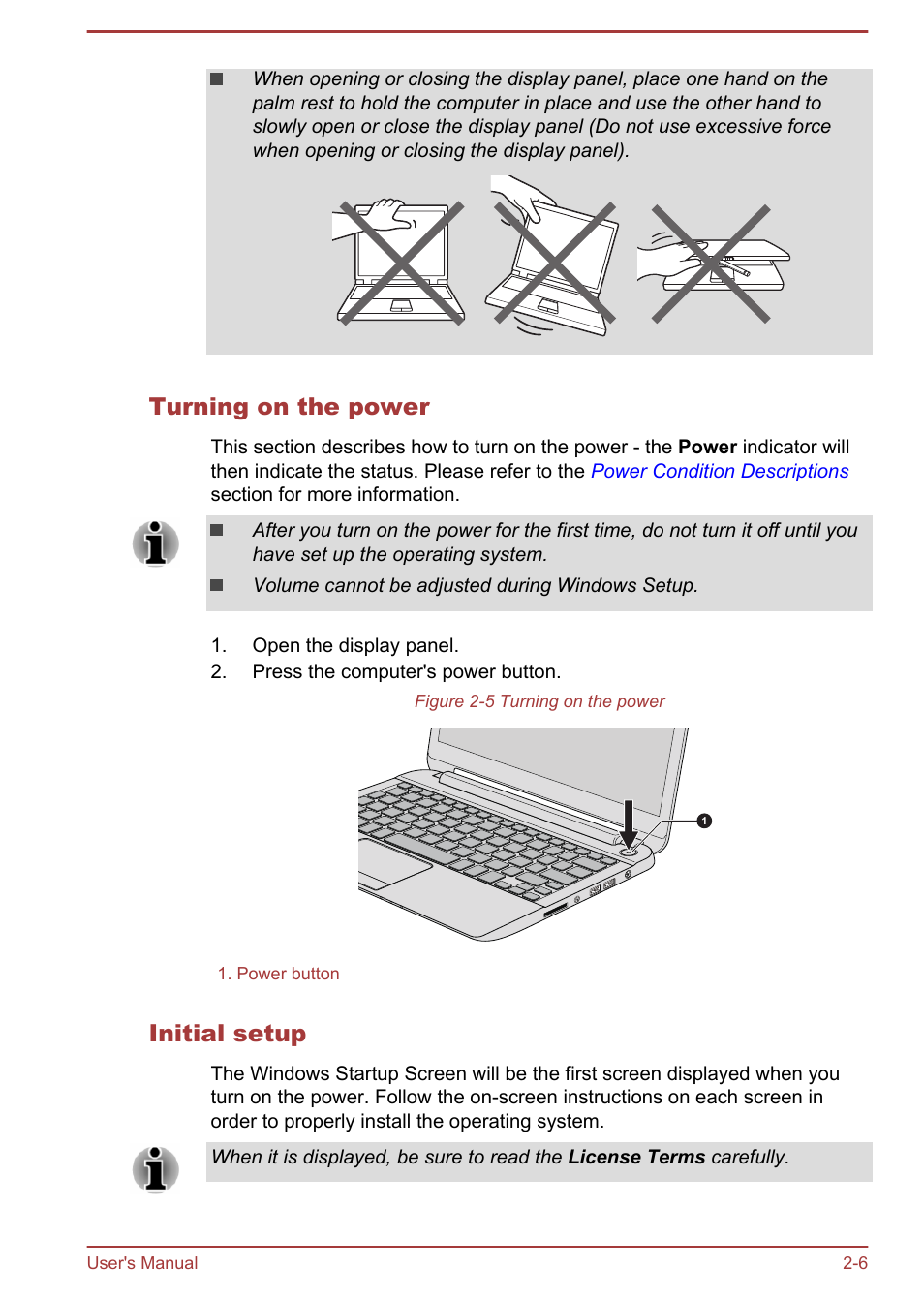 Turning on the power, Initial setup | Toshiba Satellite NB10-A User Manual | Page 26 / 120