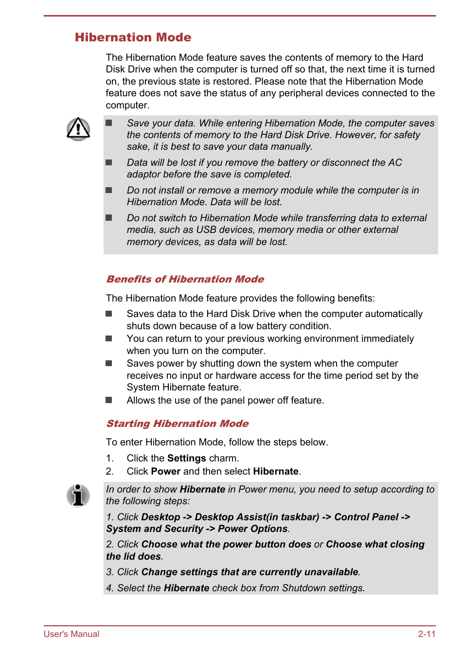 Hibernation mode | Toshiba Satellite NB10-A User Manual | Page 31 / 120