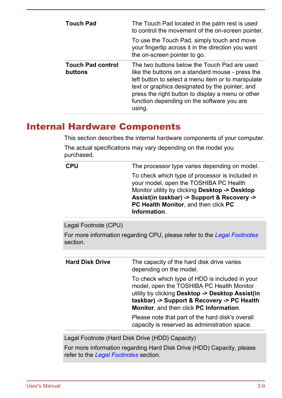 Internal hardware components, Internal hardware components -9 | Toshiba Satellite NB10-A User Manual | Page 41 / 120
