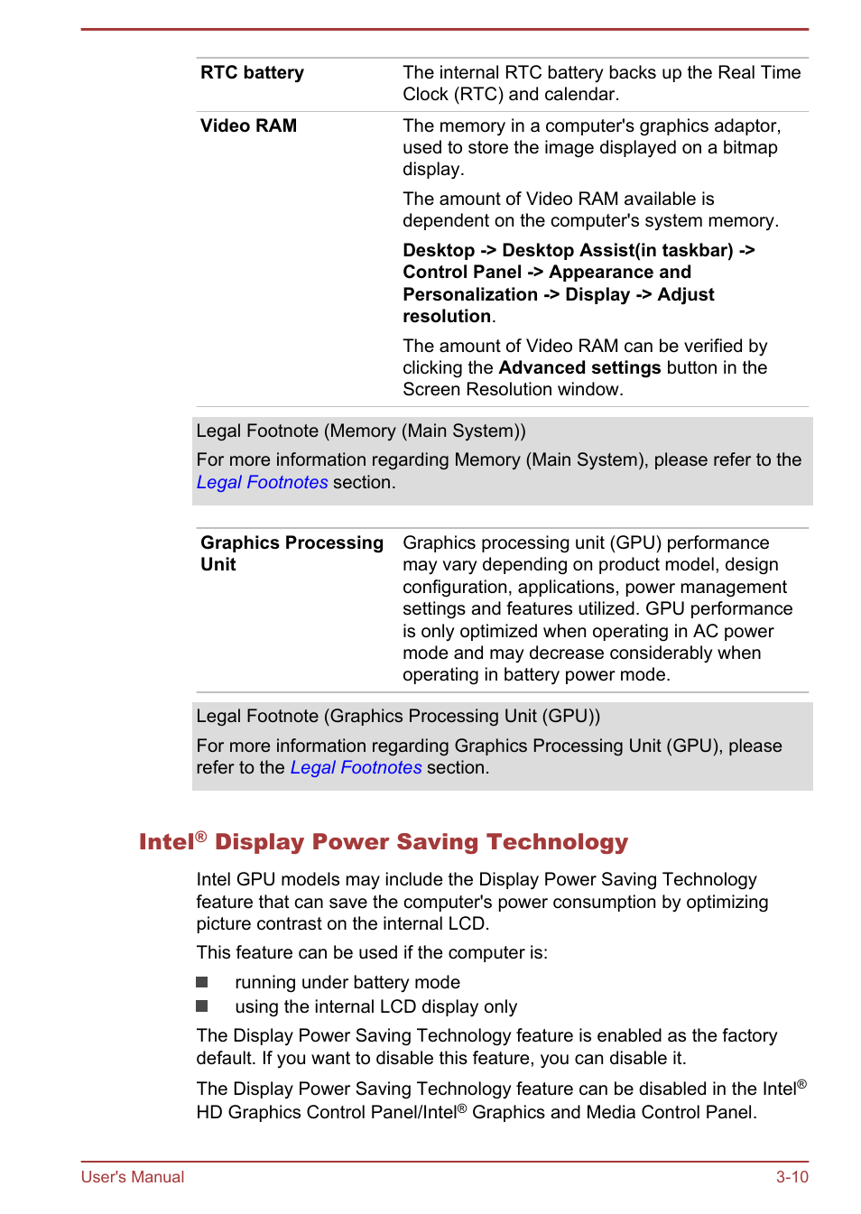 Intel® display power saving technology, Intel, Display power saving technology | Toshiba Satellite NB10-A User Manual | Page 42 / 120