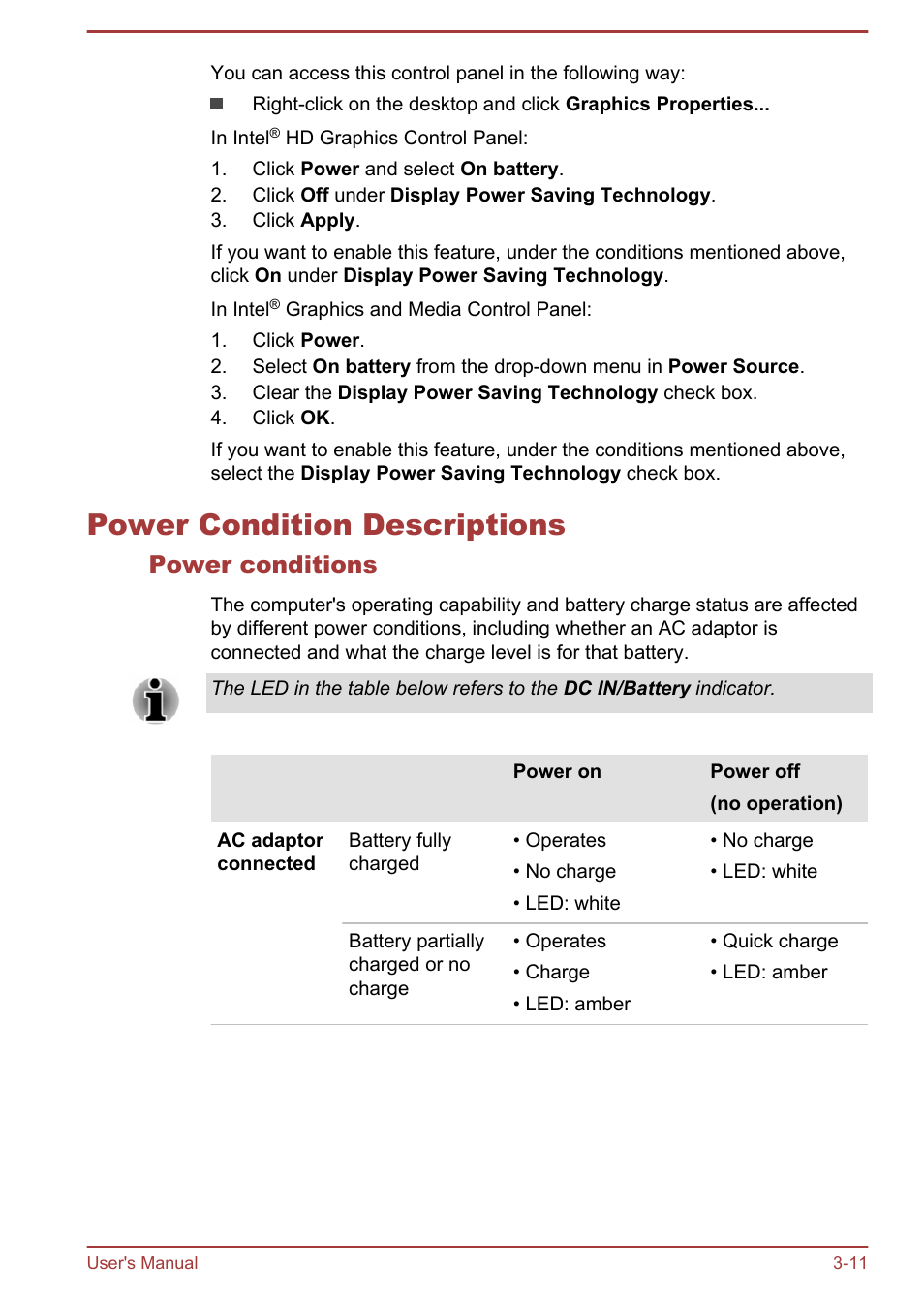 Power condition descriptions, Power conditions, Power condition descriptions -11 | Toshiba Satellite NB10-A User Manual | Page 43 / 120