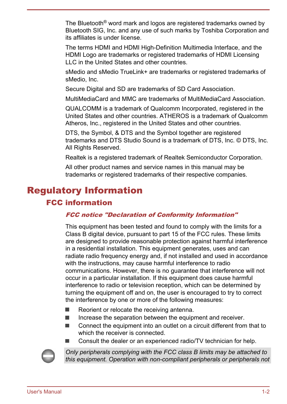 Regulatory information, Fcc information, Regulatory information -2 | Toshiba Satellite NB10-A User Manual | Page 5 / 120