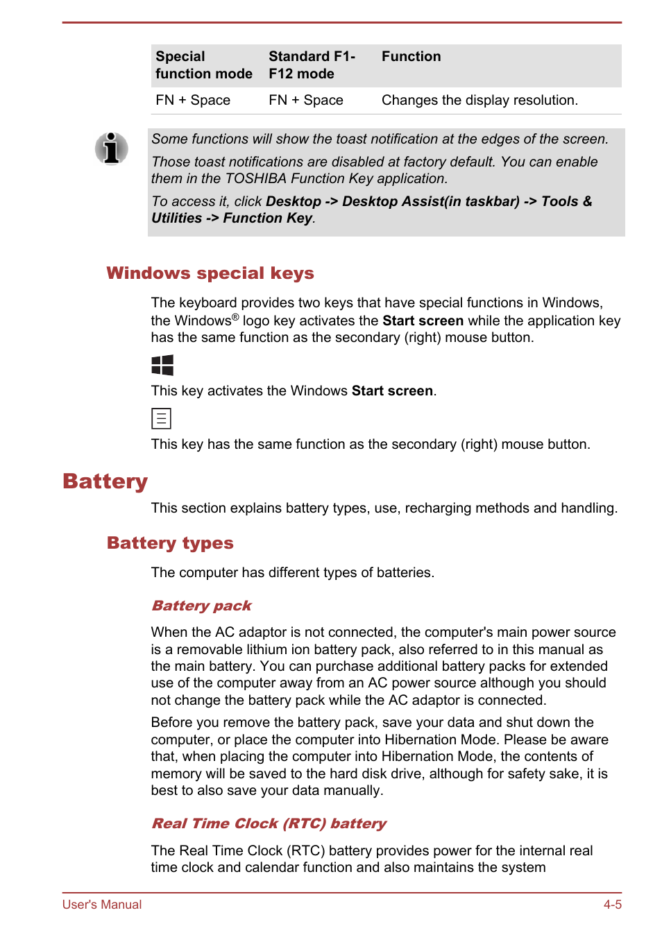 Windows special keys, Battery, Battery types | Battery -5 | Toshiba Satellite NB10-A User Manual | Page 50 / 120