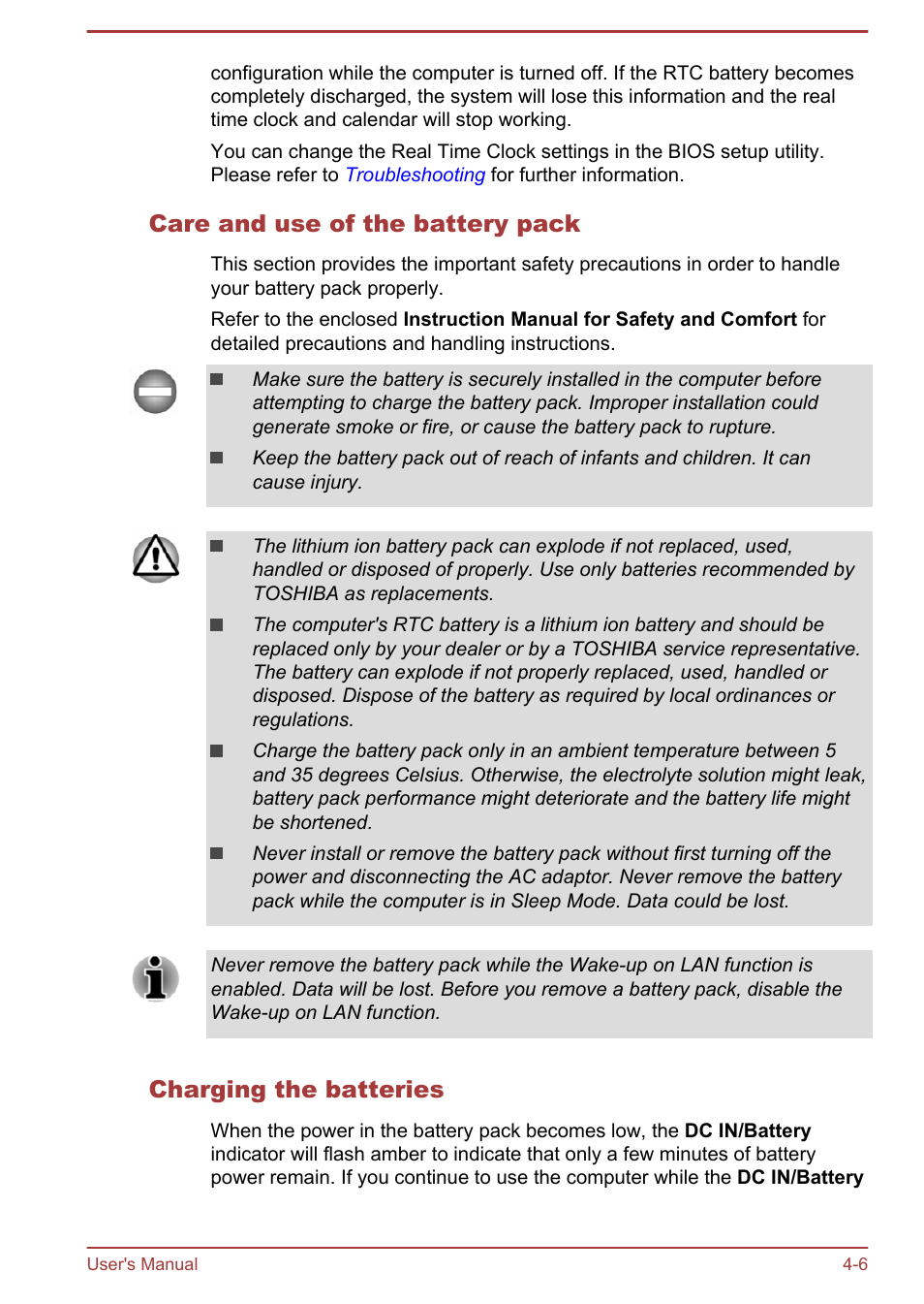 Care and use of the battery pack, Charging the batteries | Toshiba Satellite NB10-A User Manual | Page 51 / 120