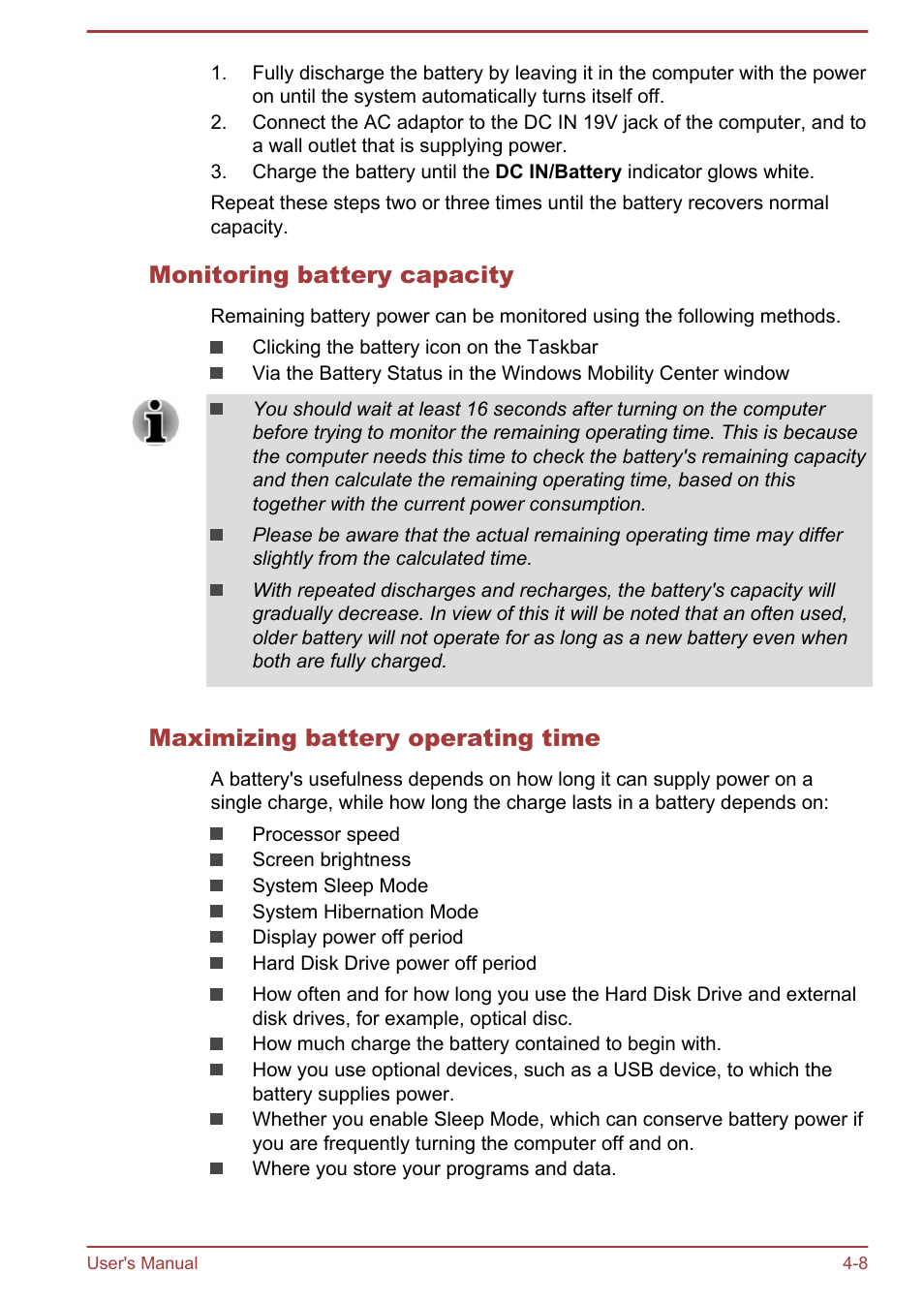 Monitoring battery capacity, Maximizing battery operating time | Toshiba Satellite NB10-A User Manual | Page 53 / 120