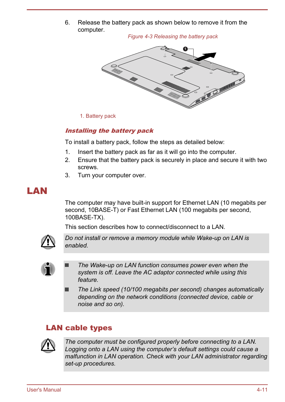 Lan cable types, Lan -11 | Toshiba Satellite NB10-A User Manual | Page 56 / 120