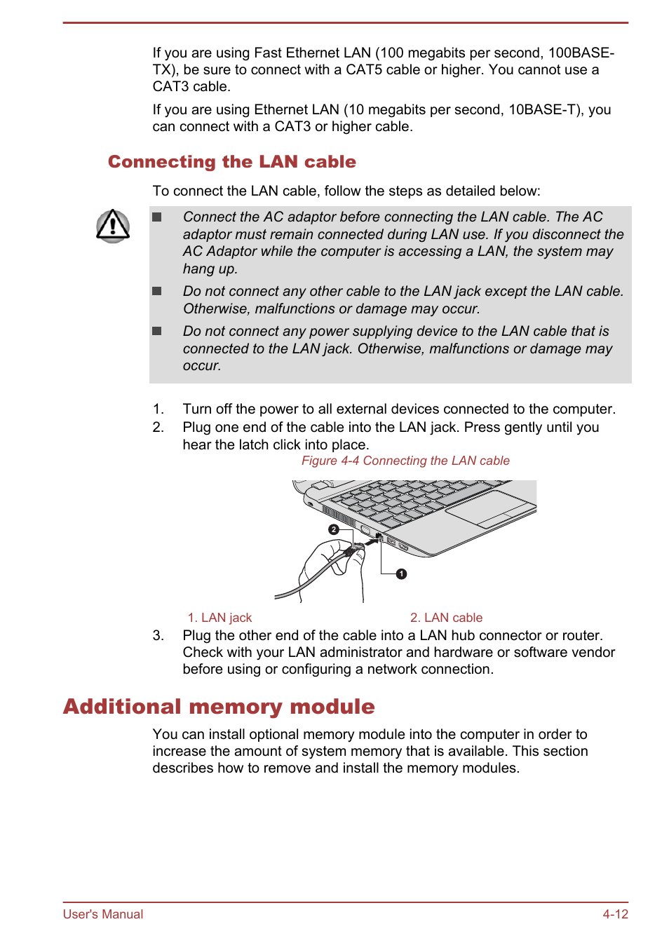 Connecting the lan cable, Additional memory module, Additional memory module -12 | Toshiba Satellite NB10-A User Manual | Page 57 / 120