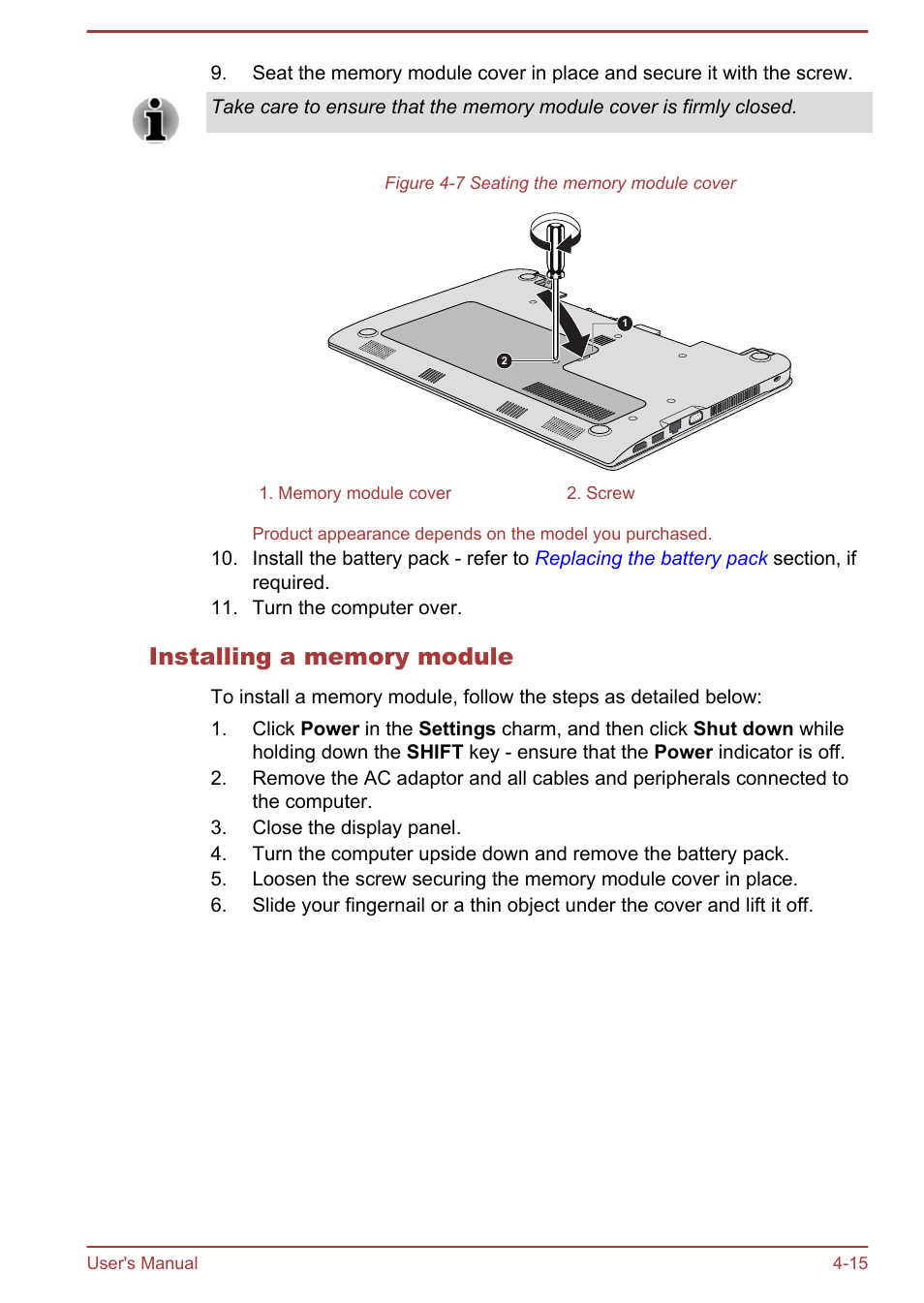 Installing a memory module | Toshiba Satellite NB10-A User Manual | Page 60 / 120