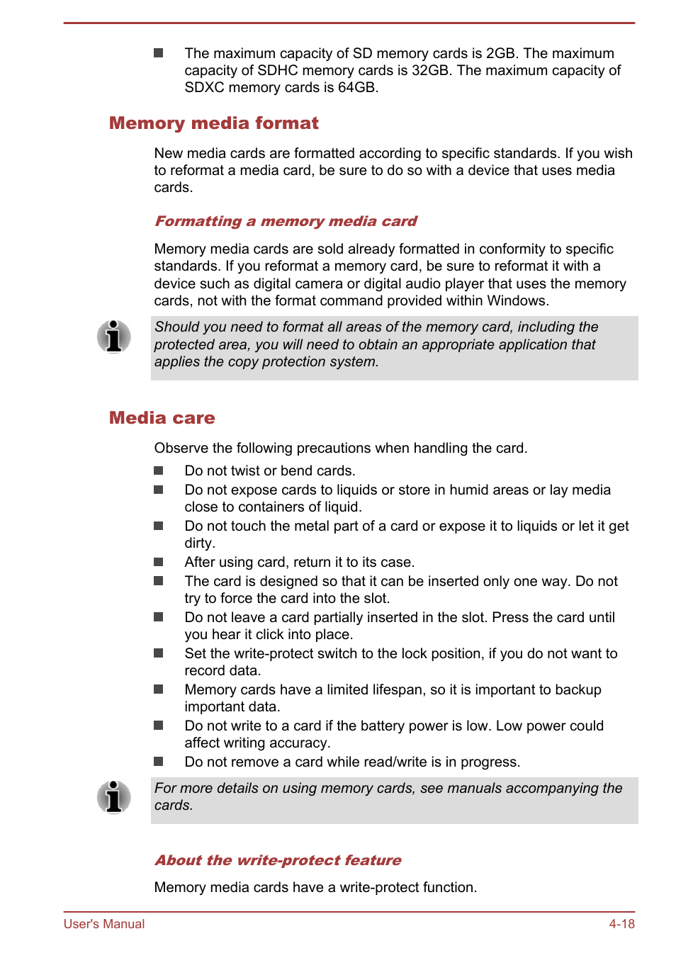 Memory media format, Media care | Toshiba Satellite NB10-A User Manual | Page 63 / 120