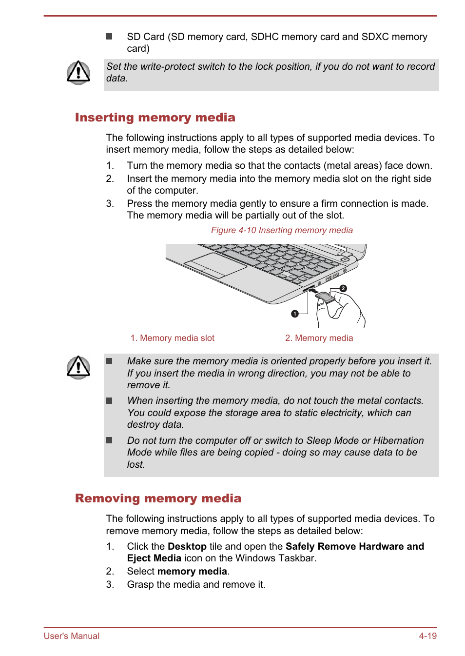 Inserting memory media, Removing memory media | Toshiba Satellite NB10-A User Manual | Page 64 / 120