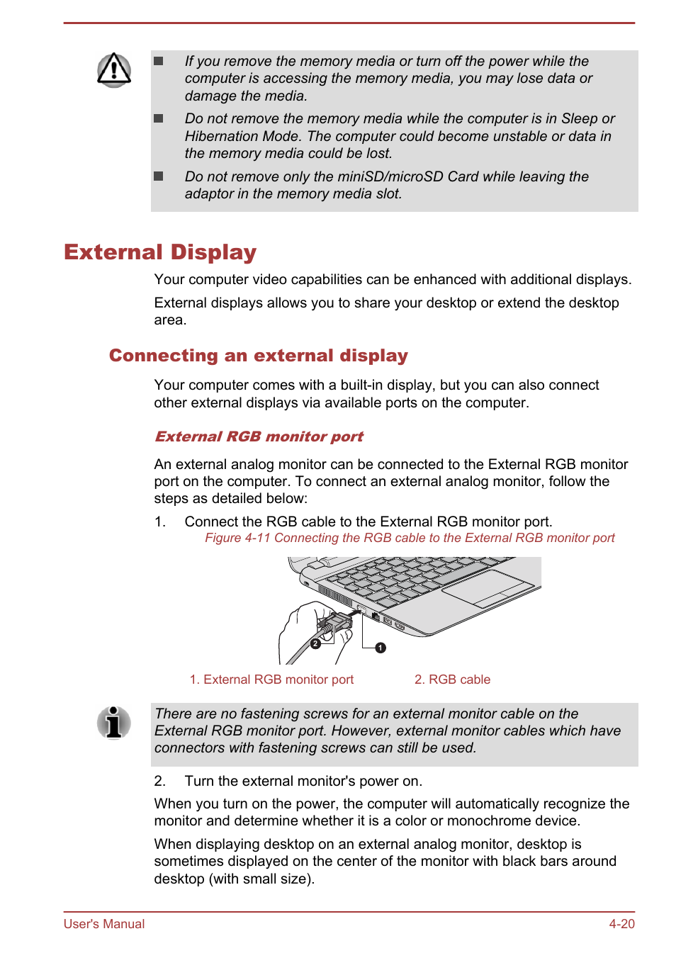 External display, Connecting an external display, External display -20 | Toshiba Satellite NB10-A User Manual | Page 65 / 120
