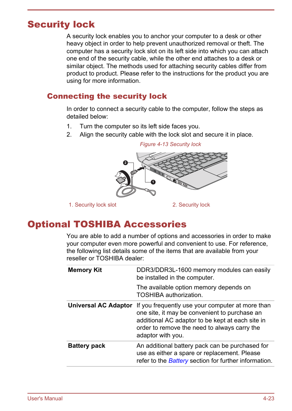 Security lock, Connecting the security lock, Optional toshiba accessories | Security lock -23 optional toshiba accessories -23 | Toshiba Satellite NB10-A User Manual | Page 68 / 120