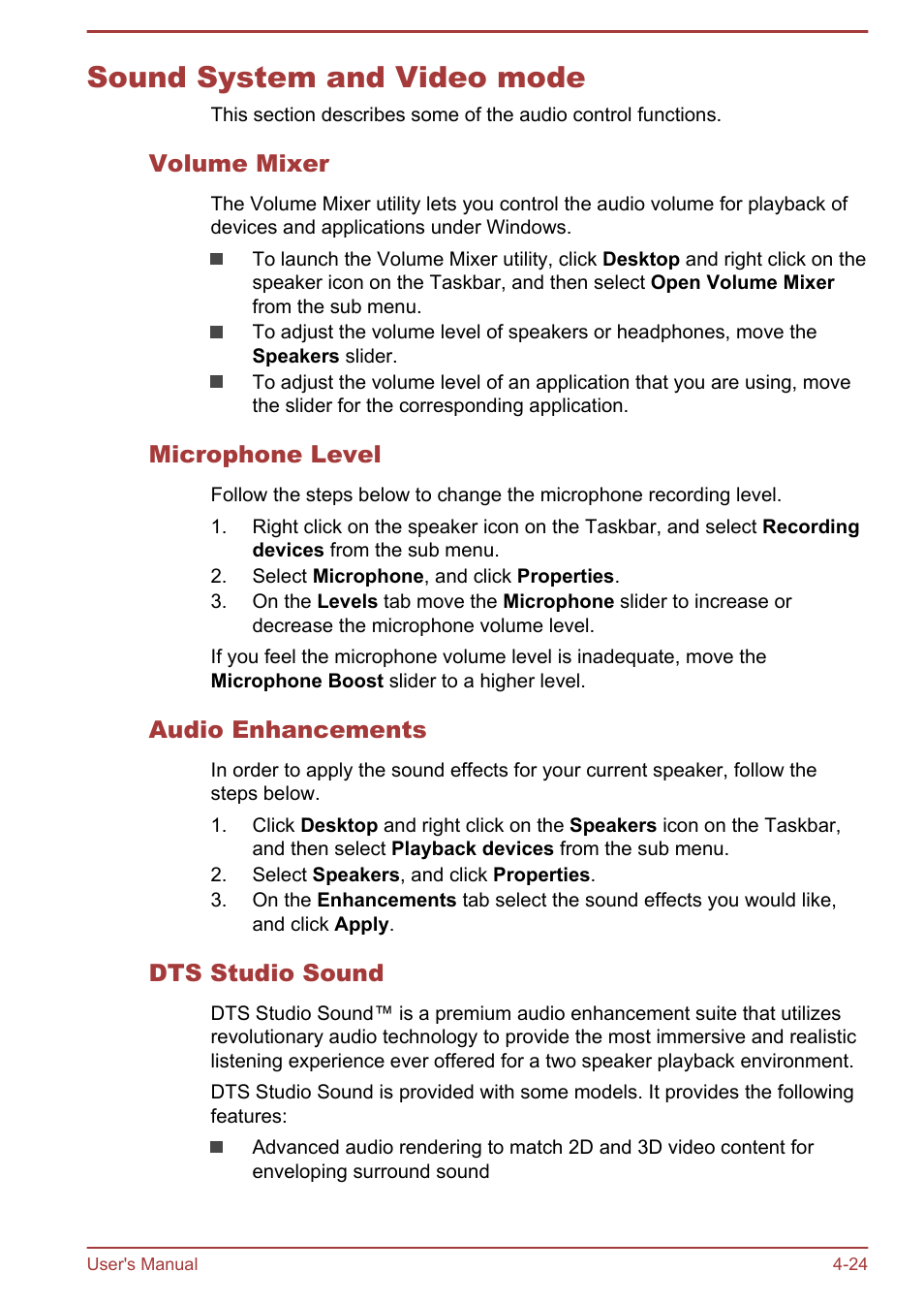 Sound system and video mode, Volume mixer, Microphone level | Audio enhancements, Dts studio sound, Sound system and video mode -24, To the | Toshiba Satellite NB10-A User Manual | Page 69 / 120