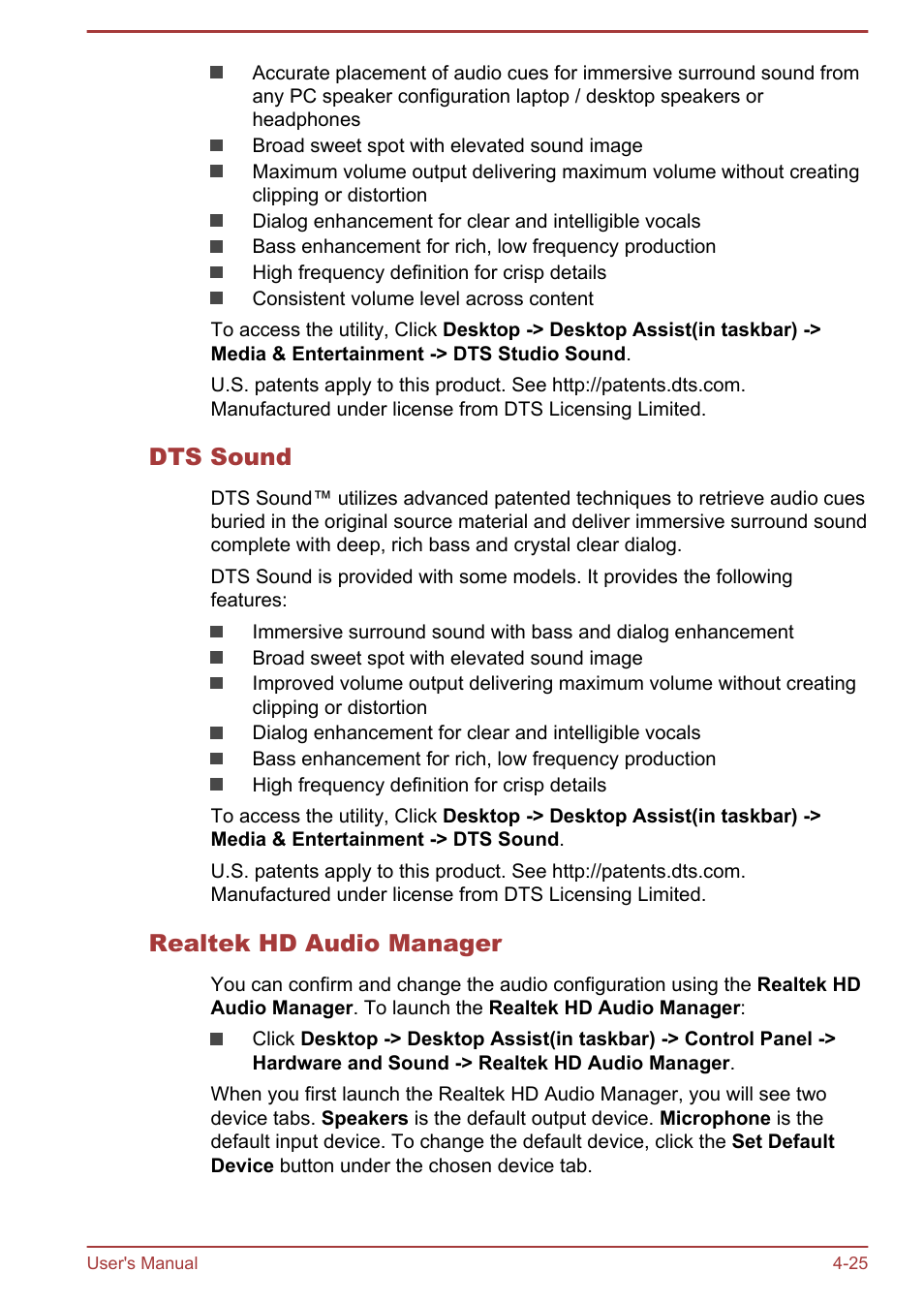 Dts sound, Realtek hd audio manager | Toshiba Satellite NB10-A User Manual | Page 70 / 120
