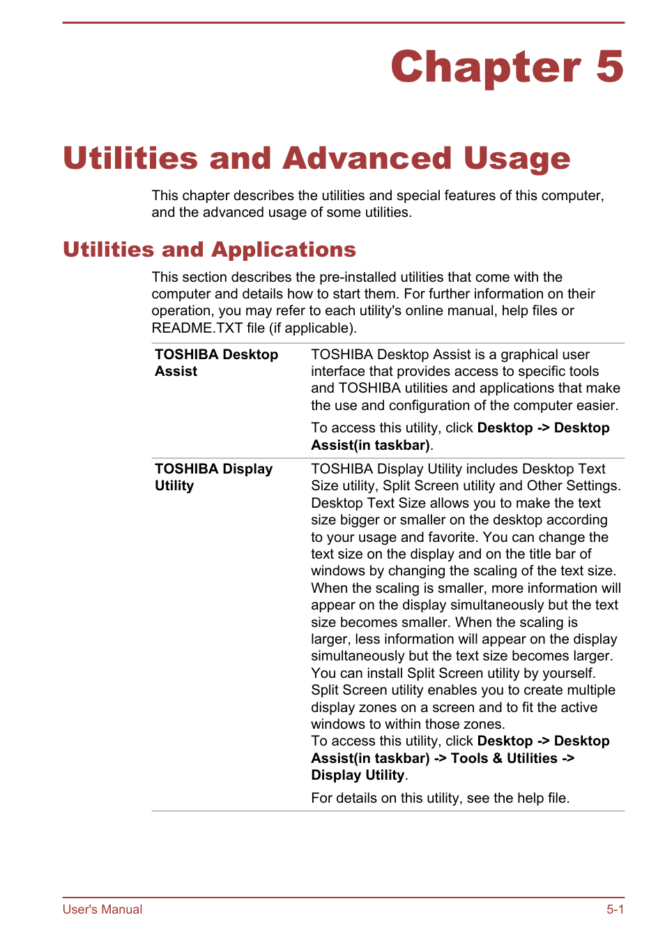 Chapter 5 utilities and advanced usage, Utilities and applications, Chapter 5 | Utilities and advanced usage, Utilities and applications -1 | Toshiba Satellite NB10-A User Manual | Page 72 / 120