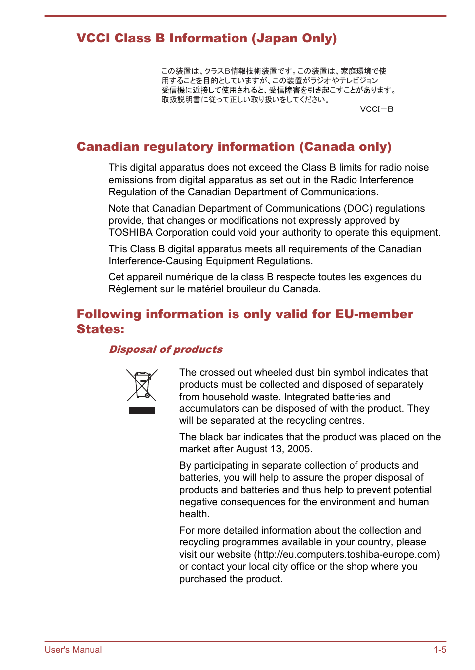 Vcci class b information (japan only), Canadian regulatory information (canada only) | Toshiba Satellite NB10-A User Manual | Page 8 / 120
