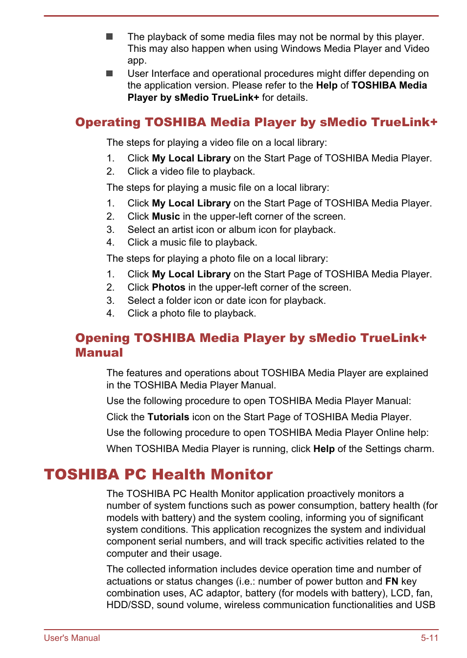 Operating toshiba media player by smedio truelink, Toshiba pc health monitor, Toshiba pc health monitor -11 | Toshiba Satellite NB10-A User Manual | Page 82 / 120