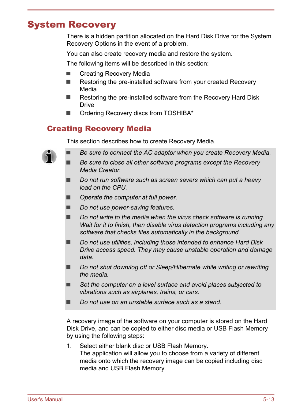 System recovery, Creating recovery media, System recovery -13 | Toshiba Satellite NB10-A User Manual | Page 84 / 120
