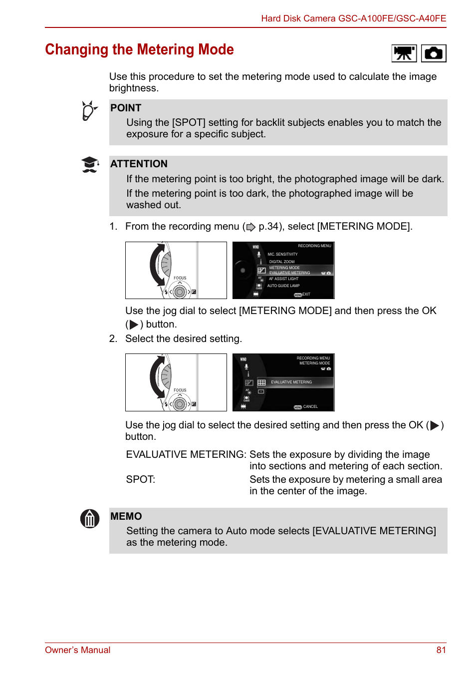 Changing the metering mode | Toshiba Gigashot A Series User Manual | Page 103 / 184
