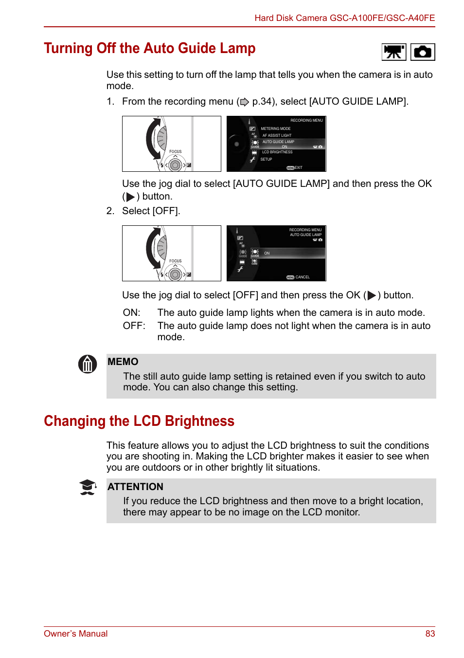 Turning off the auto guide lamp, Changing the lcd brightness | Toshiba Gigashot A Series User Manual | Page 105 / 184