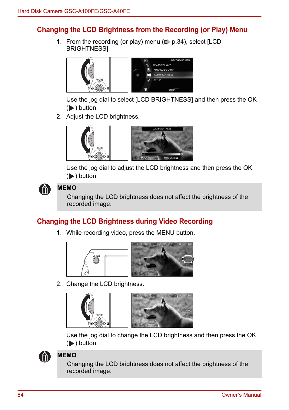 P.84, Changing the lcd brightness during video recording | Toshiba Gigashot A Series User Manual | Page 106 / 184