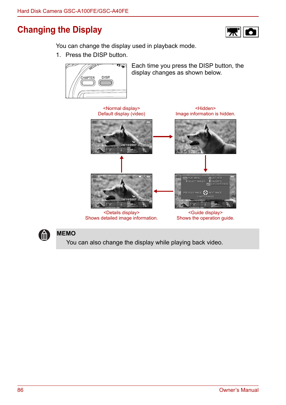 Changing the display, P.86), P.86 | Toshiba Gigashot A Series User Manual | Page 108 / 184