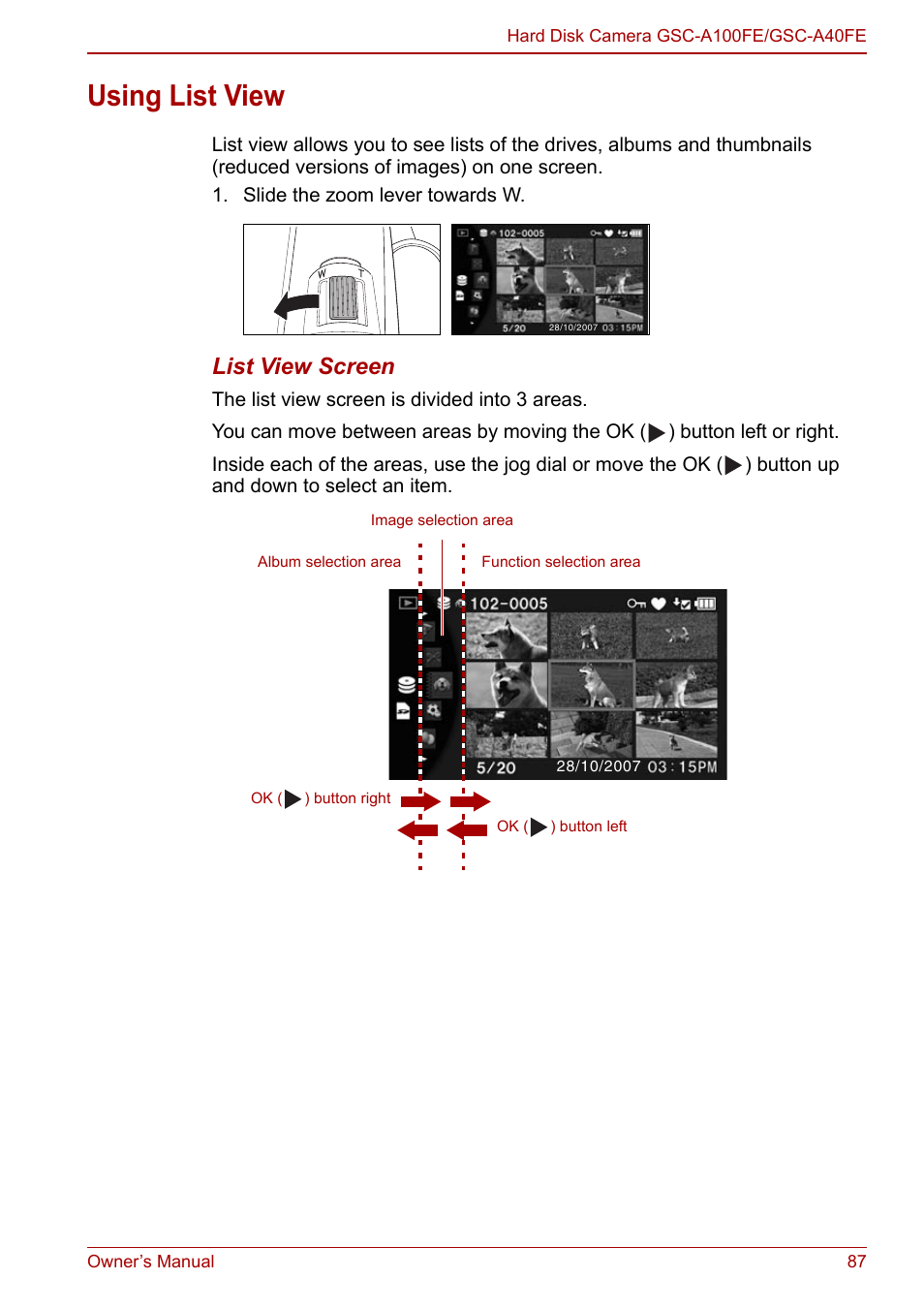 Using list view, List view screen | Toshiba Gigashot A Series User Manual | Page 109 / 184