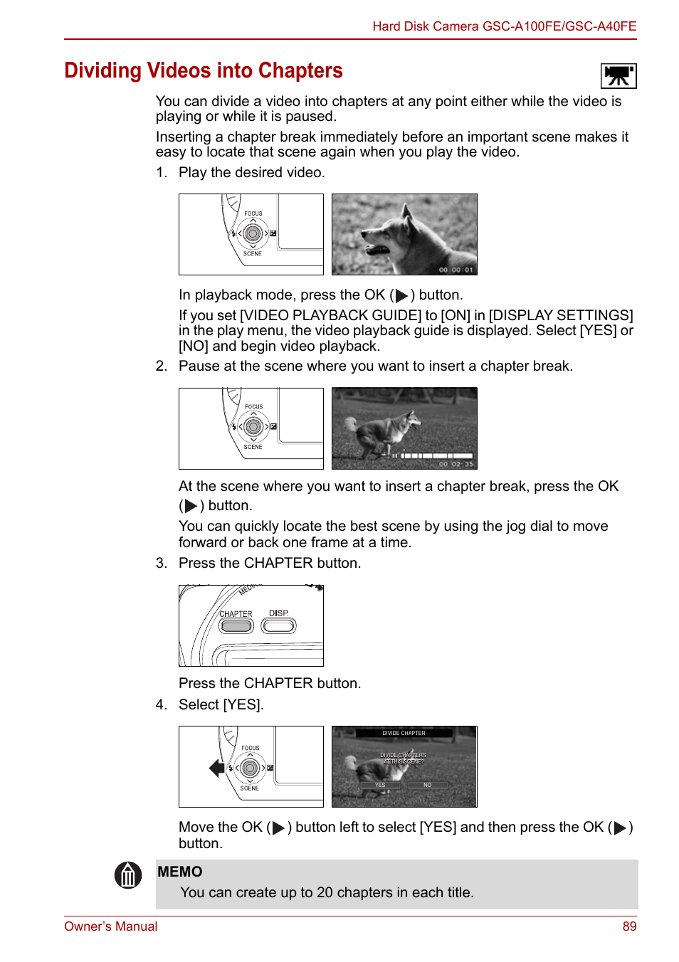 Dividing videos into chapters, P.89 | Toshiba Gigashot A Series User Manual | Page 111 / 184