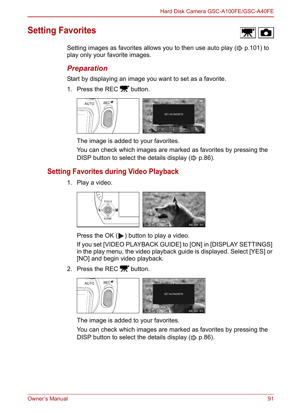 Setting favorites, P.91), P.91 | Setting favorites during video playback, Preparation | Toshiba Gigashot A Series User Manual | Page 113 / 184
