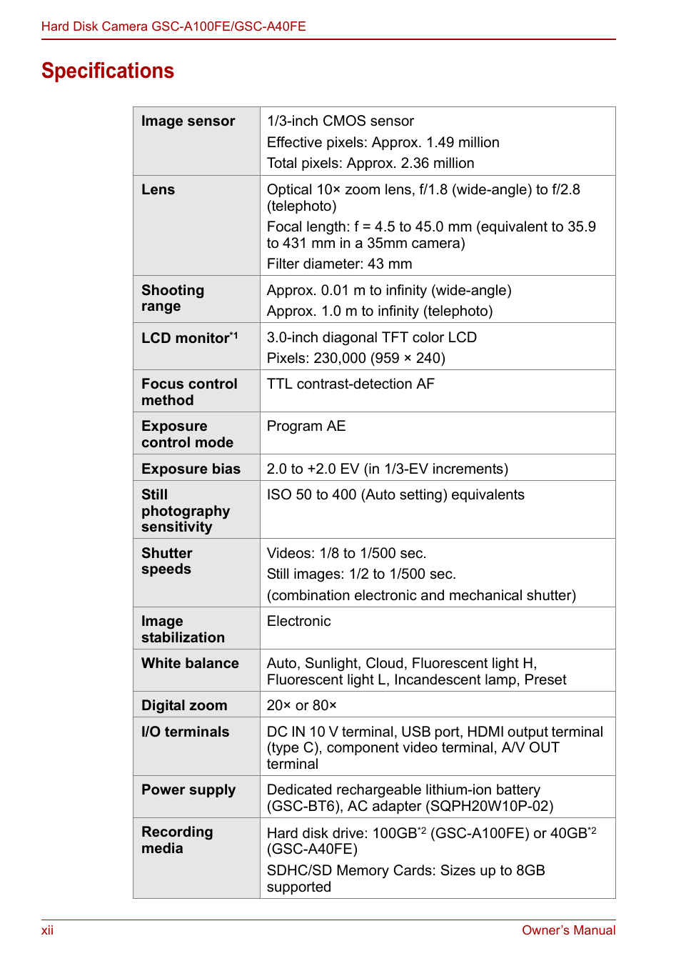 Specifications | Toshiba Gigashot A Series User Manual | Page 12 / 184